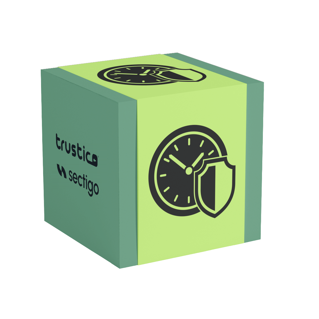 A green and teal cube features a clock with a shield icon on one face, while another side displays the words Trustico® and “Sectigo® CA,” reflecting security and reliability. This design emphasizes seamless SSL certificate management via Sectigo® CaaS DV Single Site, potentially leveraging the ACME protocol to reinforce trust in digital communications.