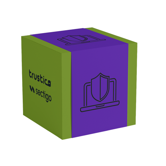 A green and purple cube with Trustico® and Sectigo® logos on the side and a laptop with a shield icon on the front, representing digital security.