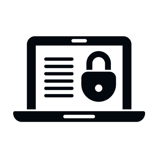 A black and white icon of a laptop with text lines and a padlock, representing Premium Installation by Trustico® Online Security for website security or SSL Certificate setup to protect your data.