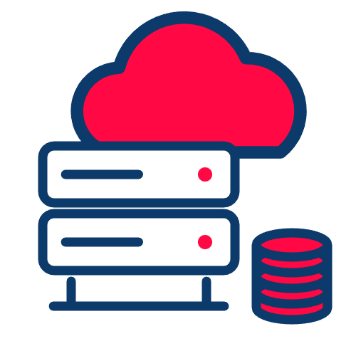 Graphic of a red cloud above two stacked server units and a red database icon, representing cloud computing or data storage technology—ideal for illustrating secure environments powered by the Trustico® Online Security Webhost Plus Plan.